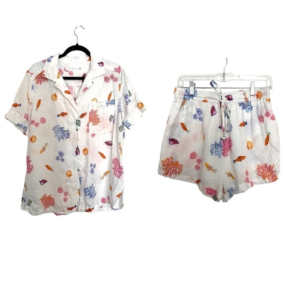Seafolly White Under The Sea Beach 100% Linen Shirt and Shorts Set Medium - Picture 1 of 16
